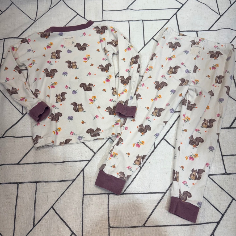 Burts Bees‎ Baby Pajamas 3T Organic Cotton Squirrel Floral Sleepwear Set Cream - Picture 10 of 10
